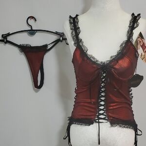 Red and Black Chemise with Lace-Up Detailing and Sweetheart Neckline Sold As Is
